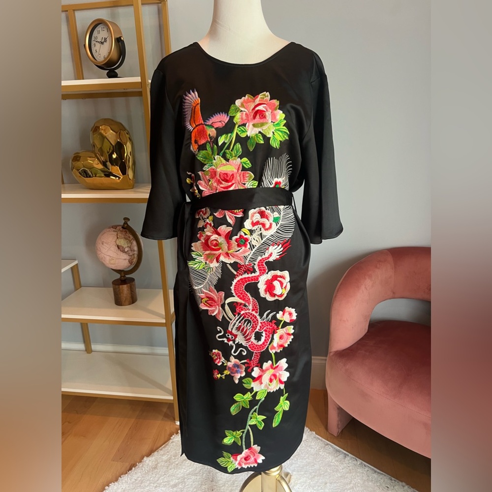 ASOS Black Midi Dress with Pink Floral & Red Dragon Embroidery